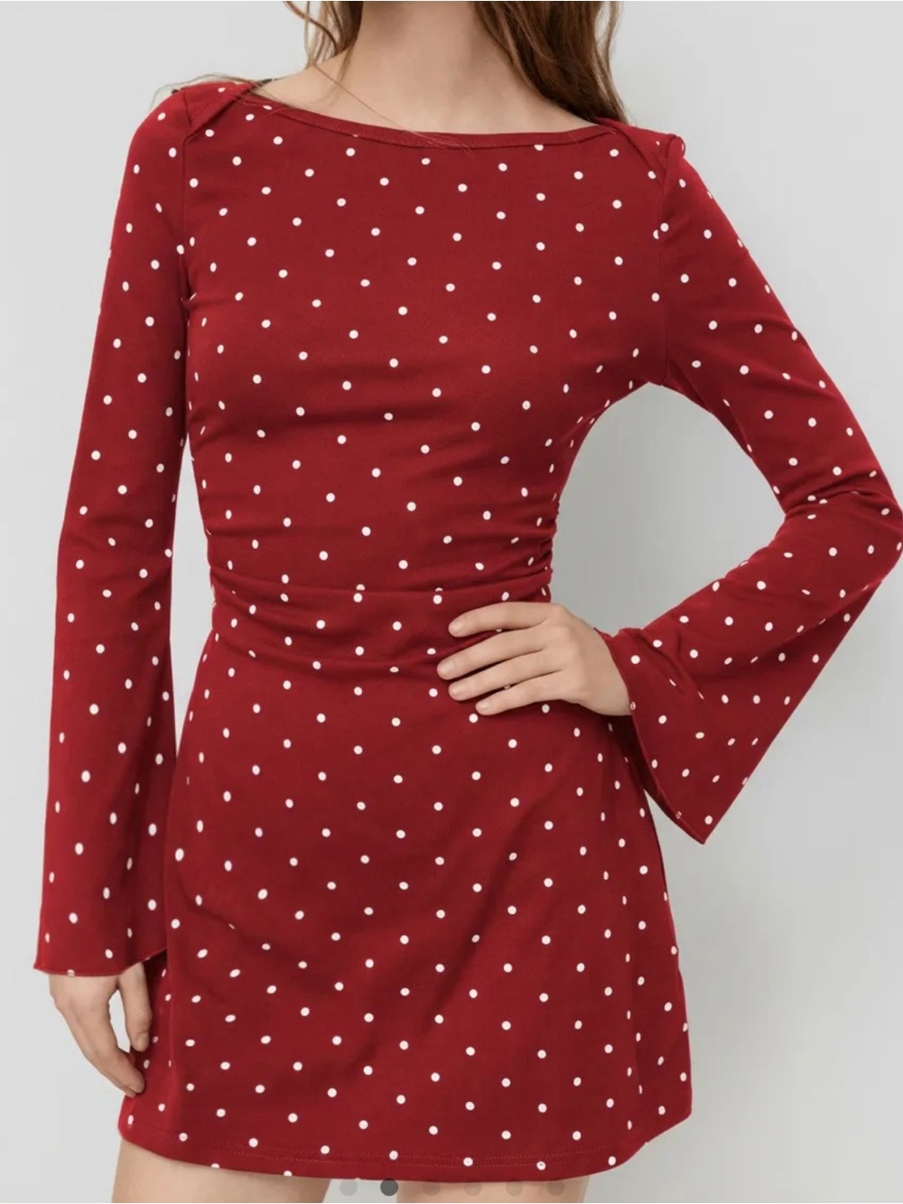 CIDER COTTON-BLEND BOAT NECK POLKA DOT RUCHED BELL SLEEVE MINI DRESS
